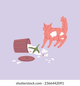 Overturned trash can, scattered garbage. Naughty ginger cat bad behavior. Flat vector pet mess and clutter illustration isolated on lilac background. Bad unwanted inappropriate animal quirk