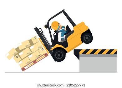 Overturning of forklift loading pallet of boxes. Stay inside the cabin. Safety in handling a fork lift truck. Security First. Work accident. Industrial Safety and Occupational Health