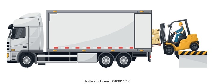 Overturning of forklift loading pallet of boxes to a cargo truck. Stay inside the cabin. Safety in handling a fork lift truck. Security First. Work accident. Industrial Safety and Occupational Health