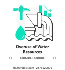 Übernutzung der Wasserressourcen flachen Umriss Konzept Symbol. Gefahr durch nicht nachhaltige Nutzung. Ursache für Trinkwasserknappheit. Moderne Liniendarstellung mit grünen Glyphen. Konzeptuell visuell. Einfache Bearbeitung
