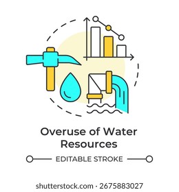 Overuse of water resources multi color concept icon. Unsustainable use danger. Cause of freshwater scarcity. Round shape line illustration. Abstract idea. Graphic design. Easy to use in booklet