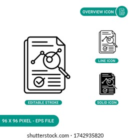 Los iconos de la descripción general establecen la ilustración vectorial con el estilo de línea de icono sólido. Concepto de auditoría del análisis financiero. Icono de trazo editable sobre fondo aislado para diseño web, infografía y aplicación móvil de interfaz de usuario.