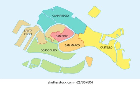 Overview map of the six historical districts of Venice, Italy