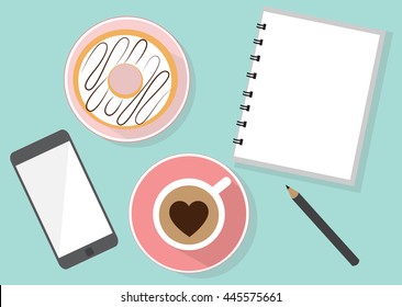 Overview of a table with phone, donuts, coffee, notebook and pencil. Flat design vector.