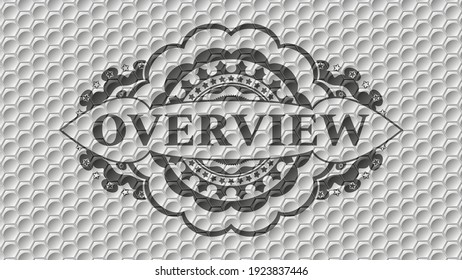 Overview text inside grey color hexagon geometric pattern realistic badge. Trendy fancy background. Artistic illustration. 