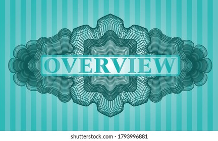 Overview text inside Guilloche Turquoise realistic badge. Bars delicate background. Intense illustration. 