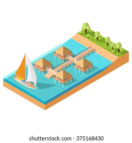 Overwater Bungalow, tropical resort. Vector Isometric landscape.