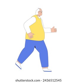 Hombre mayor con sobrepeso corriendo aislado sobre fondo blanco. Ejercicios deportivos para perder peso y salud. Persona masculina vieja trotando ilustración plana del vector con el contorno.