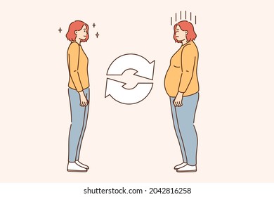 Overweigh and getting loose concept. Young smiling fit slim woman and depressed over weight fat woman standing towards each other feeling different vector illustration 