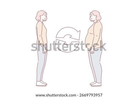 Overweigh and getting loose concept. Young smiling fit slim woman and depressed over weight fat woman standing towards each other feeling different vector illustration
