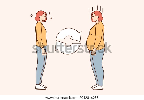 Overweigh and getting loose concept. Young smiling fit slim woman and depressed over weight fat woman standing towards each other feeling different vector illustration, gym wallpaper. 