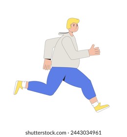Overweigh man running isolated on white background. Sport exercises jogging for weight loss and health. Vector flat illustration with outline.