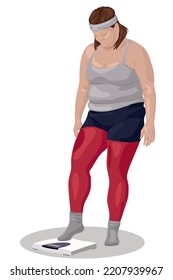 Overweigh women after a workout gets on the scales. Vector graphics. Isolated on white. 