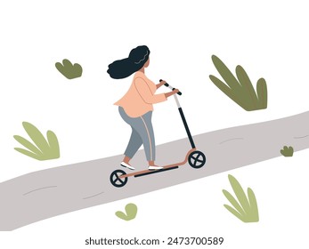 Overweight african woman is riding a scooter on  path in the park. Plump fashionable black woman in the open air adhering to healthy lifestyle.Vector illustration