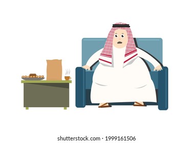 Overweight Arab Man with sugary or unhealthy food and drinks. Editable Clip Art.