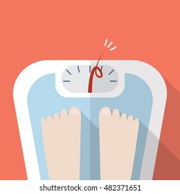 Overweight bare feet on weight scale. Vector illustration