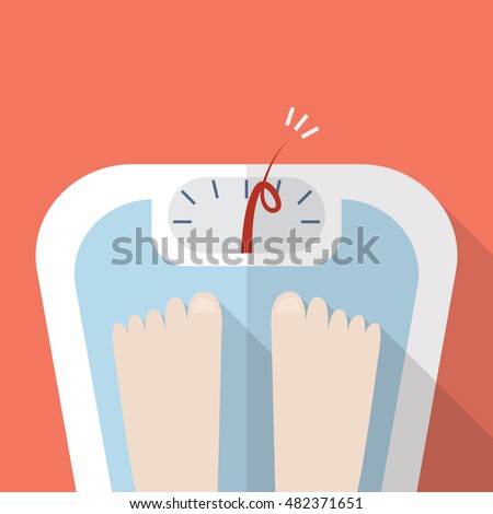 Overweight bare feet on weight scale. Vector illustration