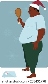 Overweight black man with a turkey drumstick in his hand and Santa hat on his head anxious to step on the scales, vector illustration, no transparencies, EPS 8