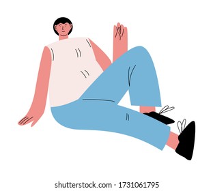 Overweight black-haired man posing in blue pants and gesturing. Vector illustration in cartoon style.