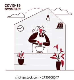 Overweight bodypositive beautiful girl is cooking on her kitchen in house. Self-isolation and COVID-19 quarantine vector illustration. Self care poster for girls, women and others.