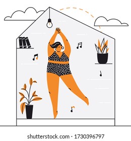 Overweight bodypositive beautiful girl is dancing only in her underwear in her house. Freedom self care poster for girls, women and others. Self-isolation and COVID-19 quarantine vector illustration.