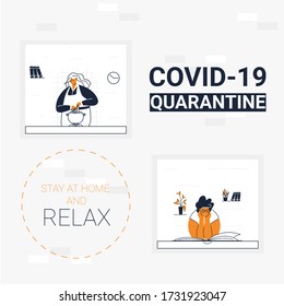 Overweight bodypositive girls are reading and cooking in their houses. Self-isolation and COVID-19 quarantine vector illustration. 