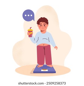 Overweight boy concept. Sad fatty kid or child stands at weights with soda. Unhealthy eating and diet. Schoolboy with bad body condition. Flat vector illustration isolated on white background