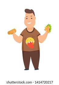 Overweight boy cute chubby child cartoon characters eating fast food vector Illustration on a white background.