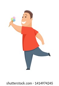 Overweight boy cute chubby child cartoon characters eating ice cream vector Illustration on a white background.
