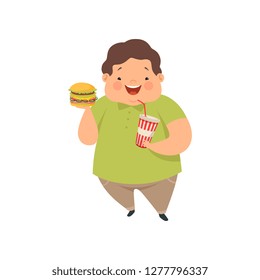 Overweight boy with hamburger and soda drink, cute chubby child cartoon character vector Illustration on a white background