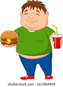 Overweight boy holding hamburger and soda drink