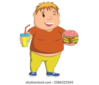 Overweight boy holding hamburger and soda drink vector illustration