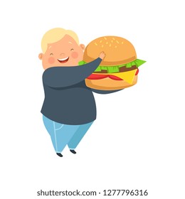 Overweight boy with a huge burger, cute chubby child cartoon character vector Illustration on a white background.