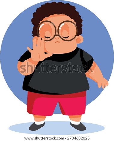 
Overweight Boy Making Stop Hand Gesture Vector Cartoon. Sad child feeling disappointed refusing the verbal aggression 
