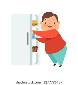 Overweight boy opening fridge with junk food, cute chubby child cartoon character vector Illustration on a white background