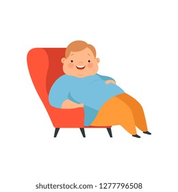 Overweight boy sitting in the chair, cute chubby child cartoon character vector Illustration on a white background
