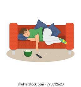 Overweight boy sleeping on a couch with tv remote and bowl of popcorn. Vector illustration.