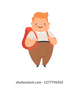 Overweight boy standing with backpack, cute chubby child cartoon character vector Illustration on a white background