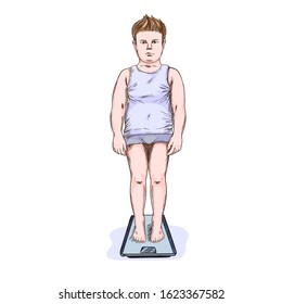Overweight boy standing on the scales, hand drawn vector illustration, full color sketch