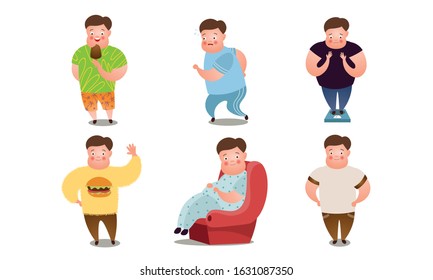 Overweight boys doing everyday things vector illustration