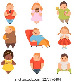 Overweight boys and girls set, cute chubby children cartoon characters eating fast food vector Illustration on a white background