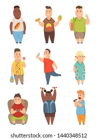 Overweight boys and girls set, cute chubby children cartoon characters eating fast food vector Illustration on a white background.
