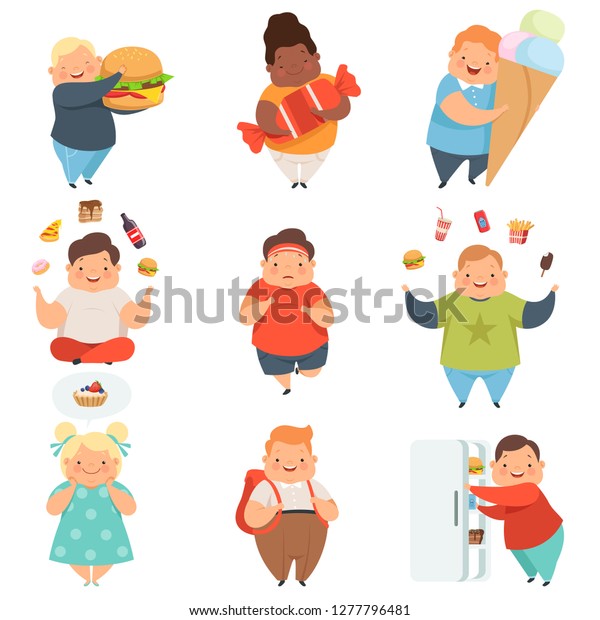 Overweight boys and girls set, cute chubby children cartoon characters