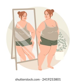 Overweight, bulimia, eating disorders. Young sad overweight woman looking at her reflection in the mirror