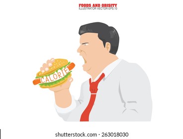 Overweight businessman eating calorie burger. vector illustration