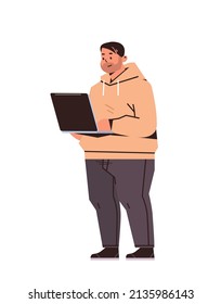 overweight businessman working on laptop fat business man freelancer using notebook social media communication