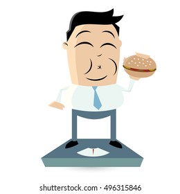 overweight cartoon man with hamburger