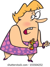 Overweight cartoon woman caught with a candy bar