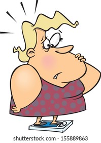 Overweight cartoon woman standing on a scale