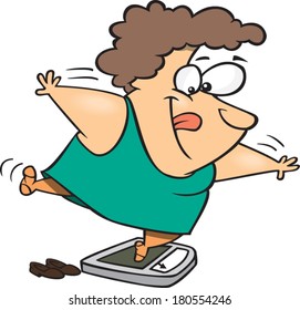overweight cartoon woman trying to fool her scale